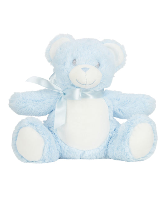 Blue teddy bear with a white bow on a white background