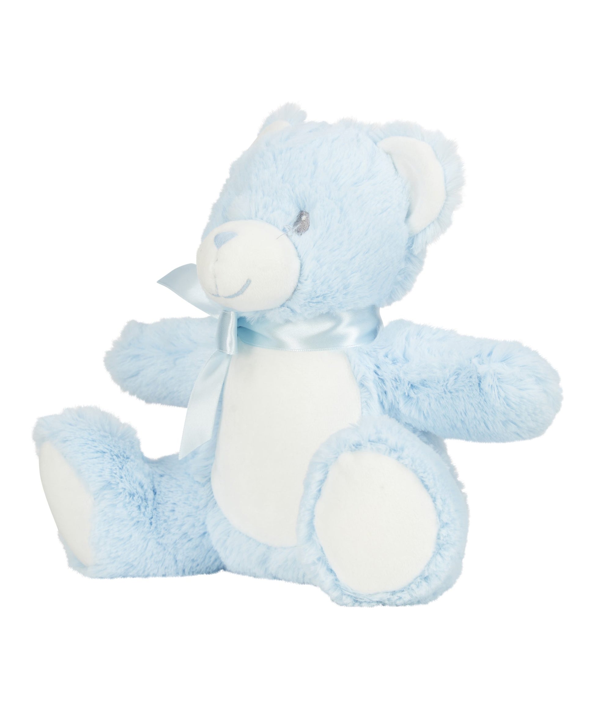 Blue teddy bear with a white bow on a white background