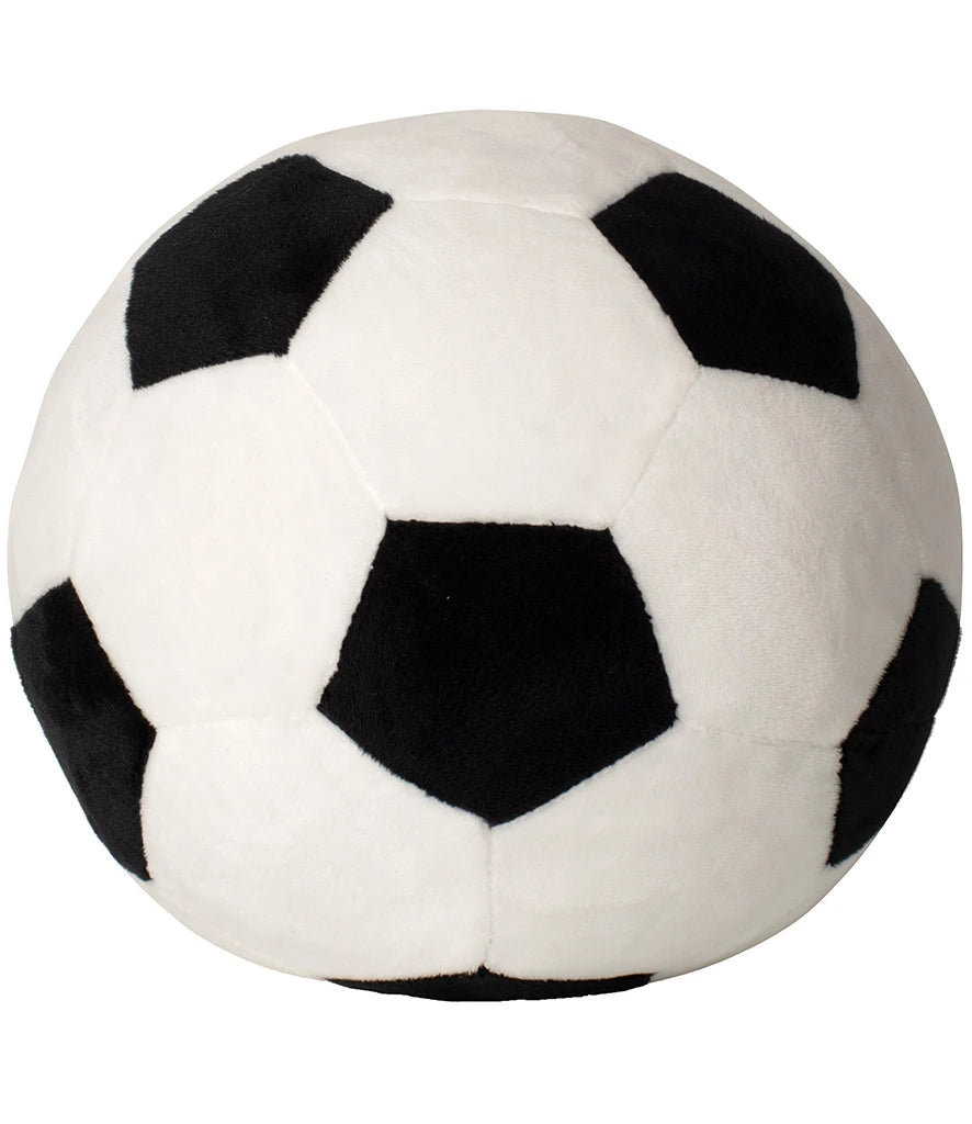 Plush soccer ball with black and white pattern on a white background