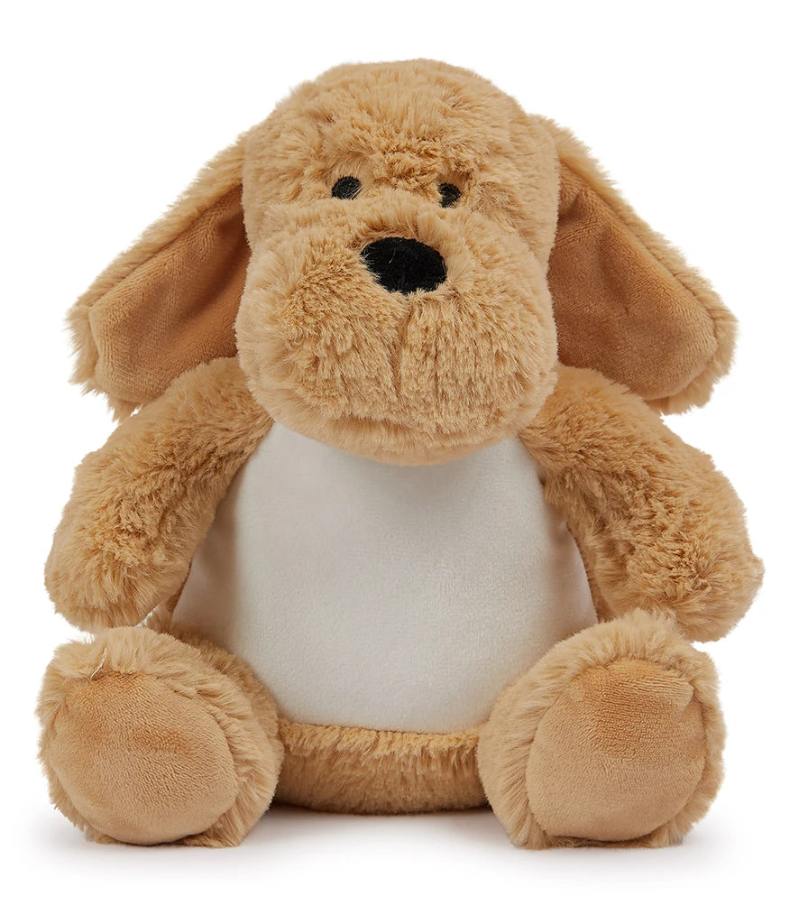 Plush dog toy with a white belly on a white background