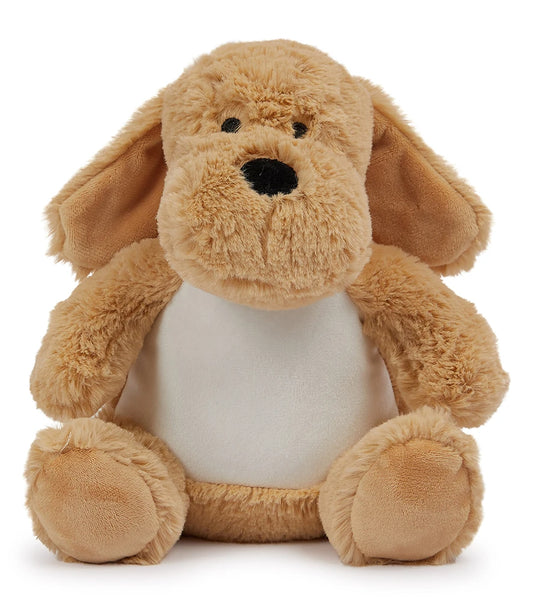 Plush dog toy with a white belly on a white background