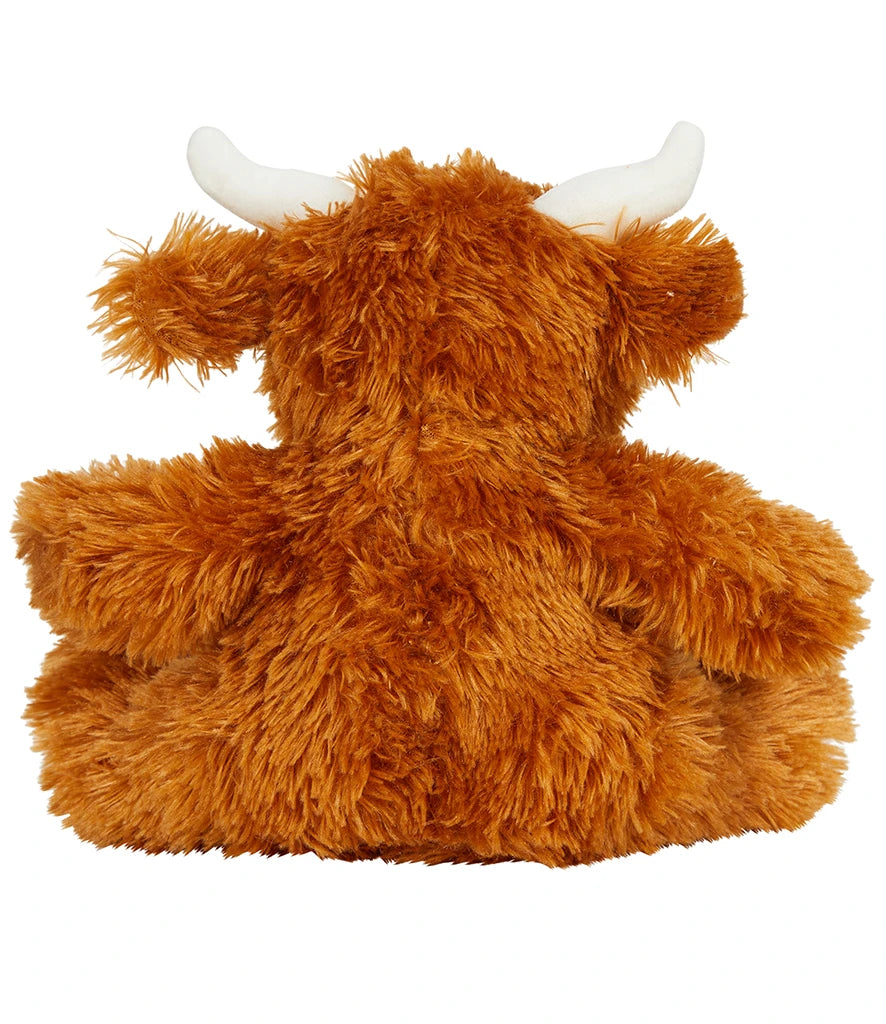 Plush toy of a brown cow with white horns on a white background