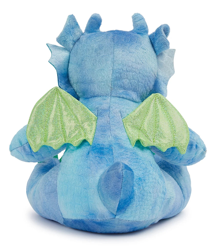 Blue plush dragon toy with green wings on a white background