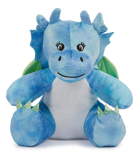 Blue plush dragon toy on a white background
