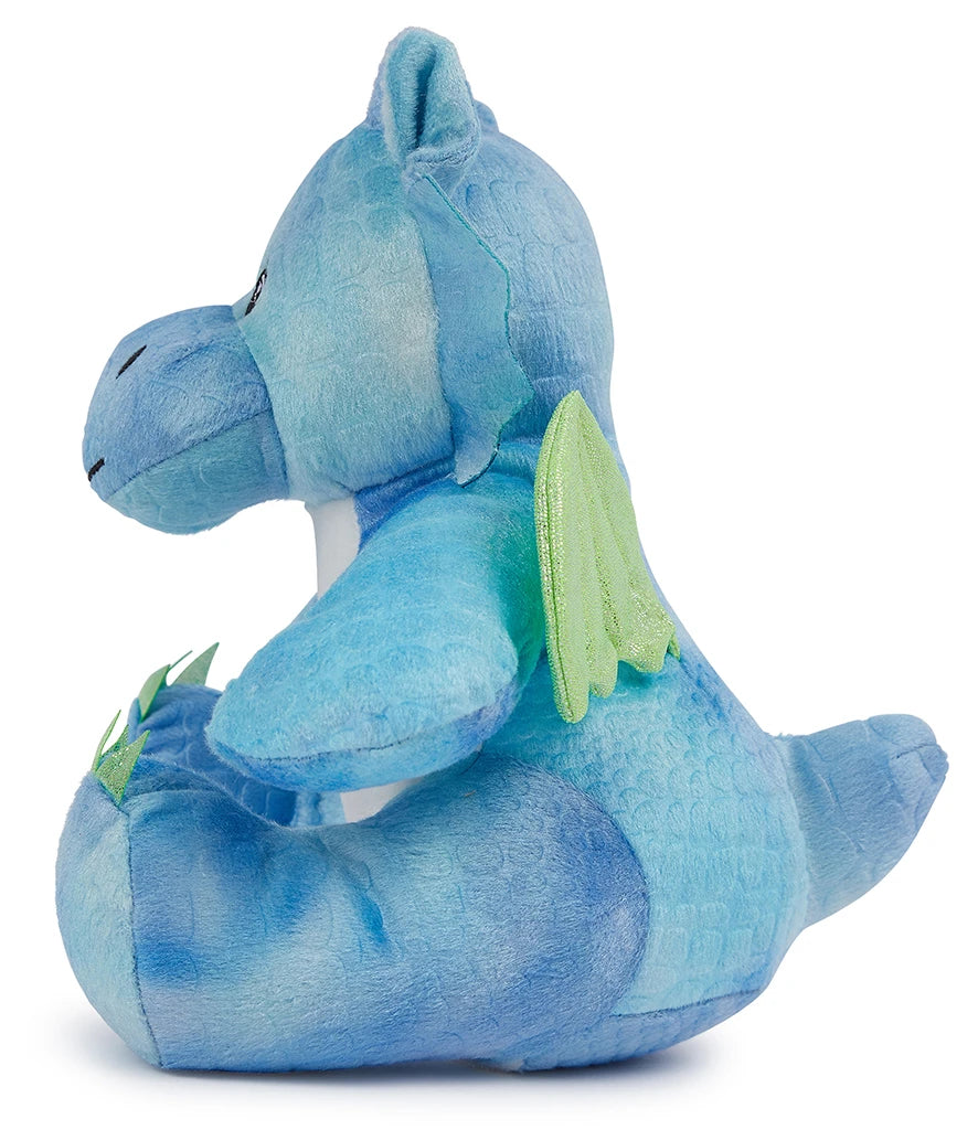Blue plush dragon toy with green accents on a white background