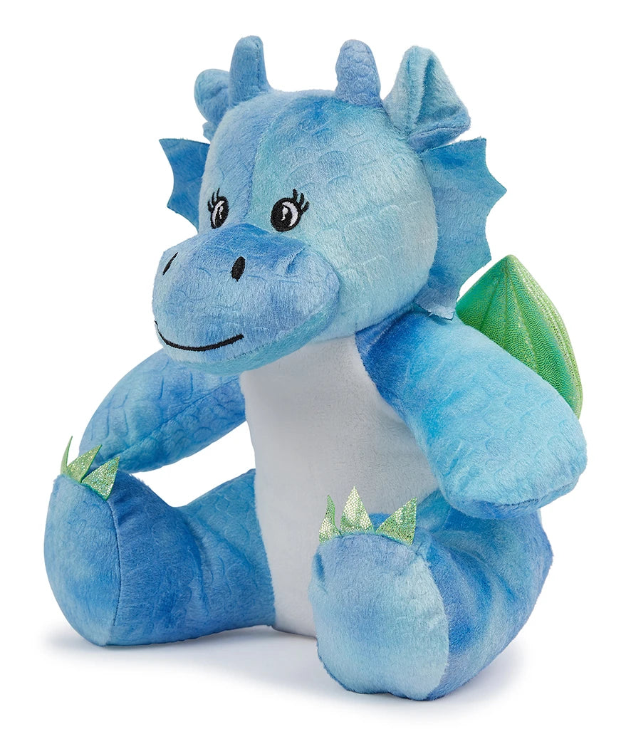 Blue plush dragon toy on a white background