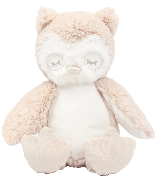 Plush toy owl with pink and white colors on a white background