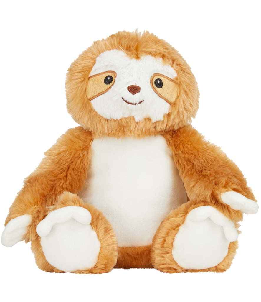 Plush toy sloth with brown fur and white belly on a white background