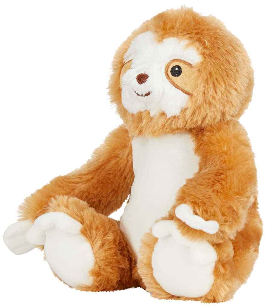 Plush toy sloth with brown and white fur on a white background