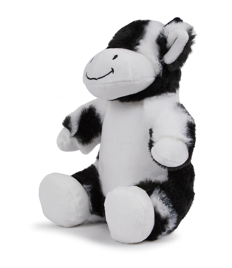 Black and white striped plush toy on a white background