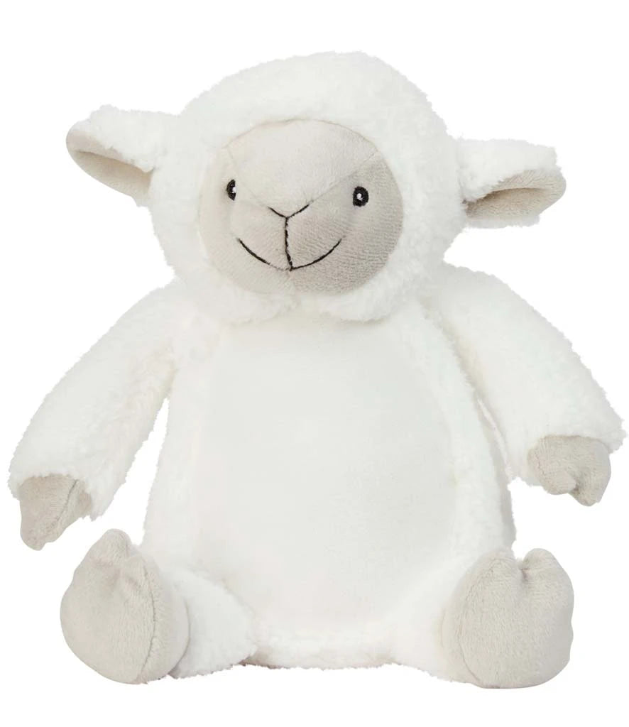White plush lamb toy with a gray face on a white background