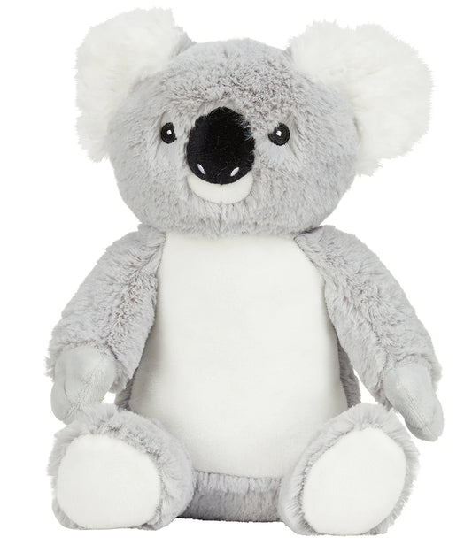 Plush toy koala with white paws on a white background