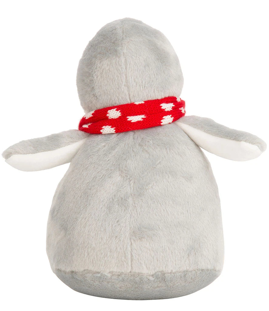 Gray plush toy with a red scarf featuring white patterns on a white background