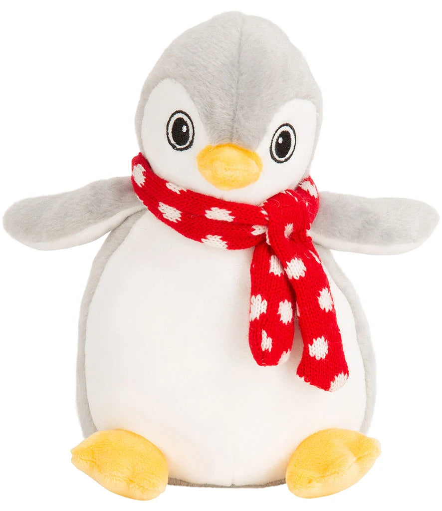 Plush penguin toy with a red scarf on a white background