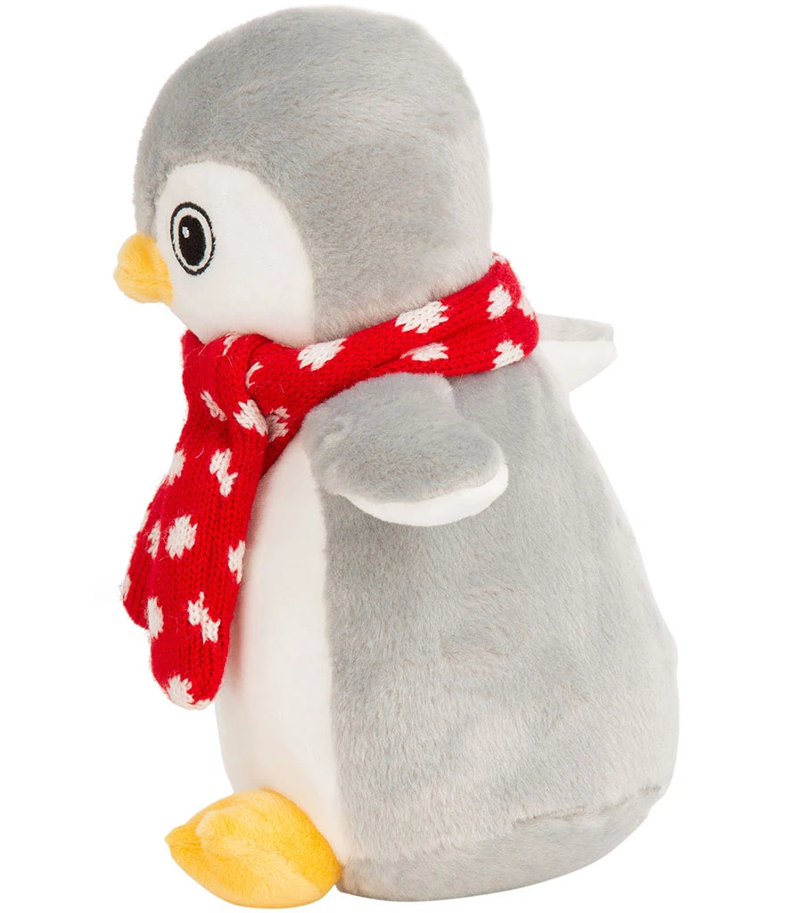 Plush penguin toy with a red scarf on a white background
