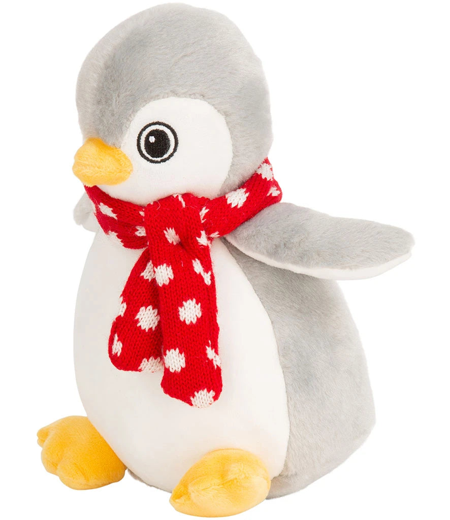 Plush penguin toy with a red scarf on a white background