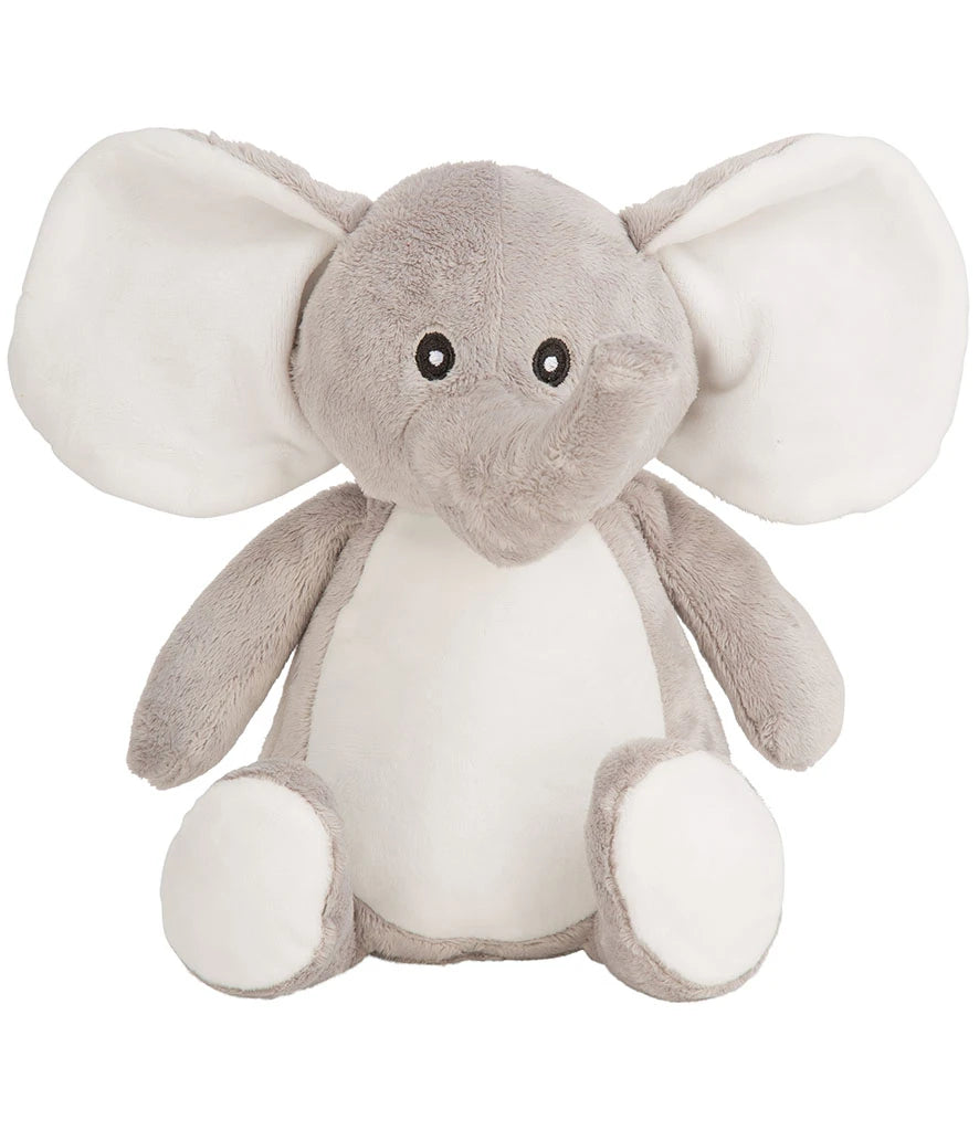 Plush elephant toy with gray body and white ears on a white background