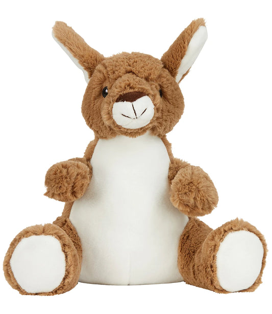 Plush toy kangaroo with brown fur and white belly on a white background