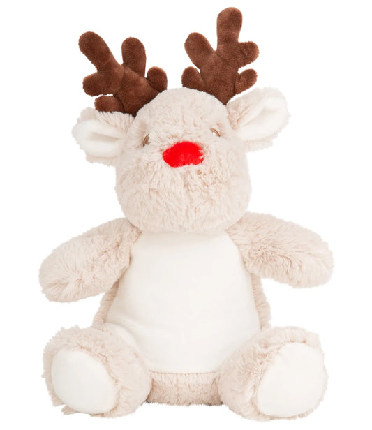 Plush reindeer toy with brown antlers and red nose on a white background