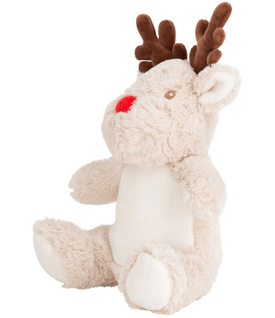 Plush reindeer toy with brown antlers and a red nose on a white background