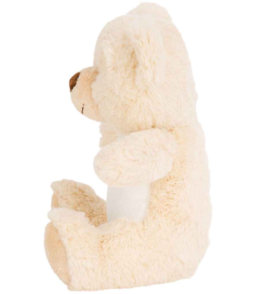 Plush dog toy with a white heart on a white background