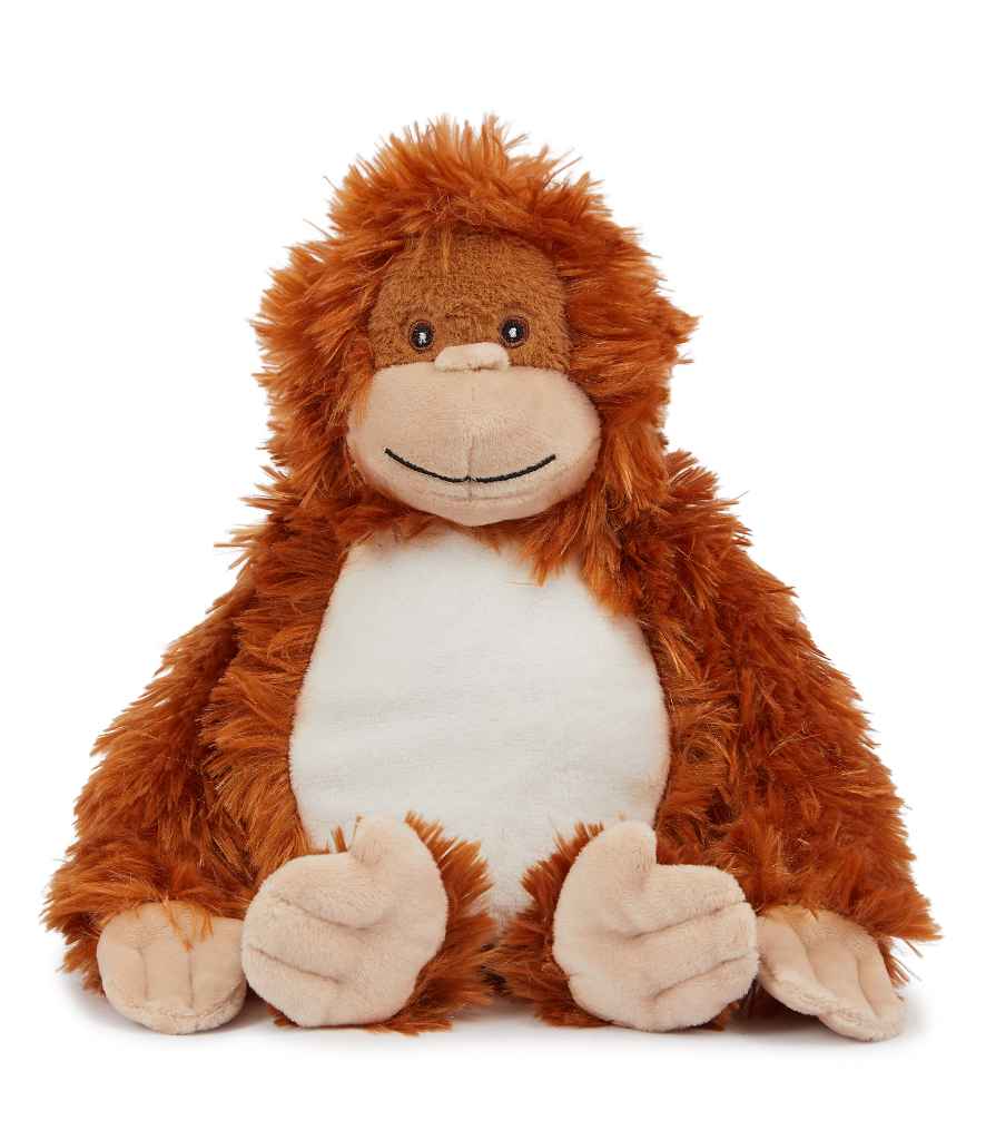 Plush monkey toy with brown fur and white belly on a white background