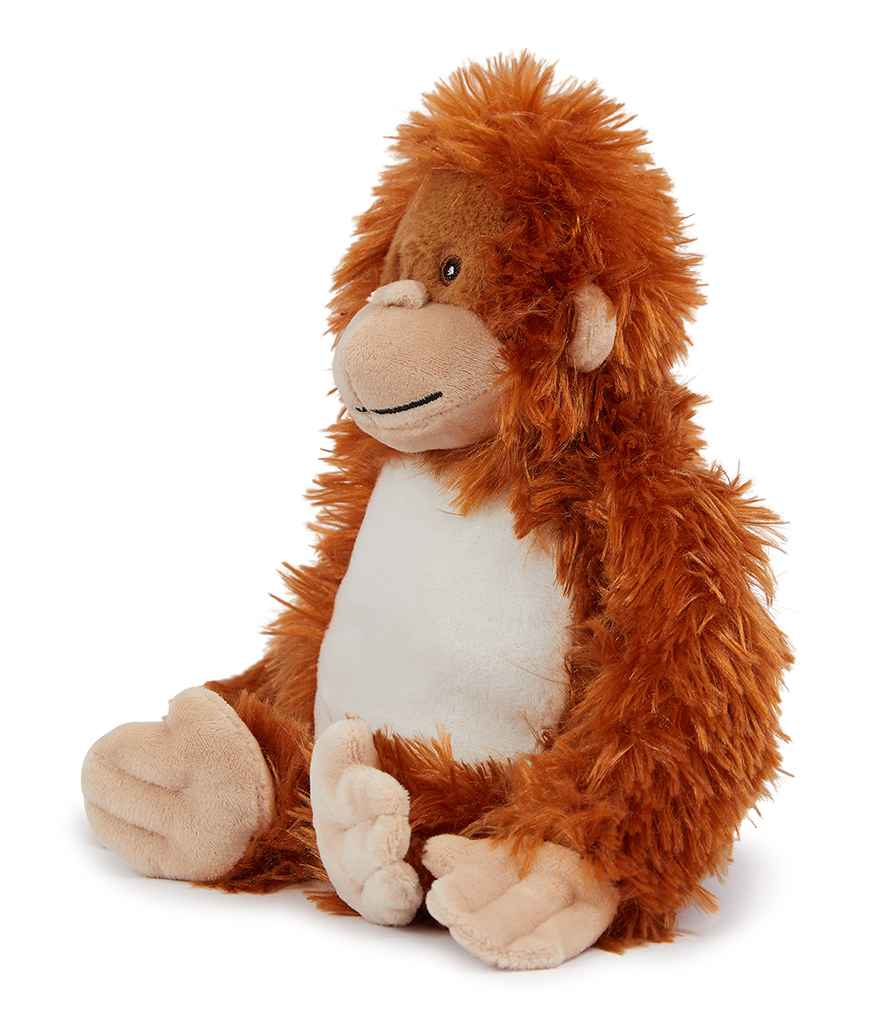 Plush monkey toy with brown fur and white belly on a white background