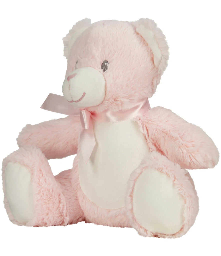Pink teddy bear with a bow on a white background