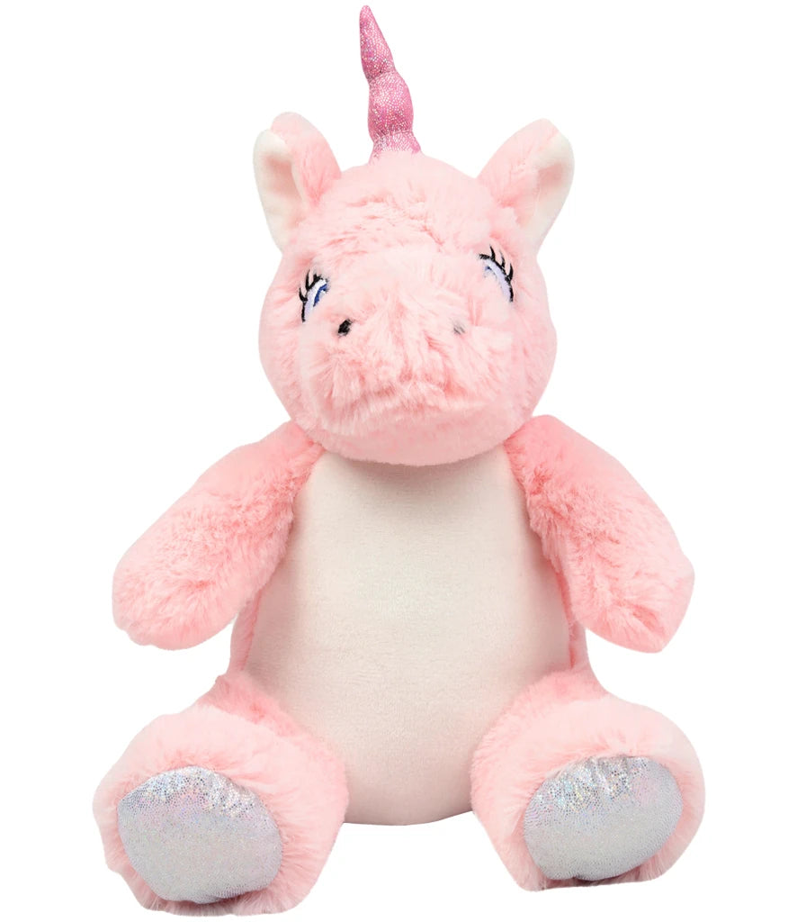 Pink plush toy unicorn with a white belly on a white background