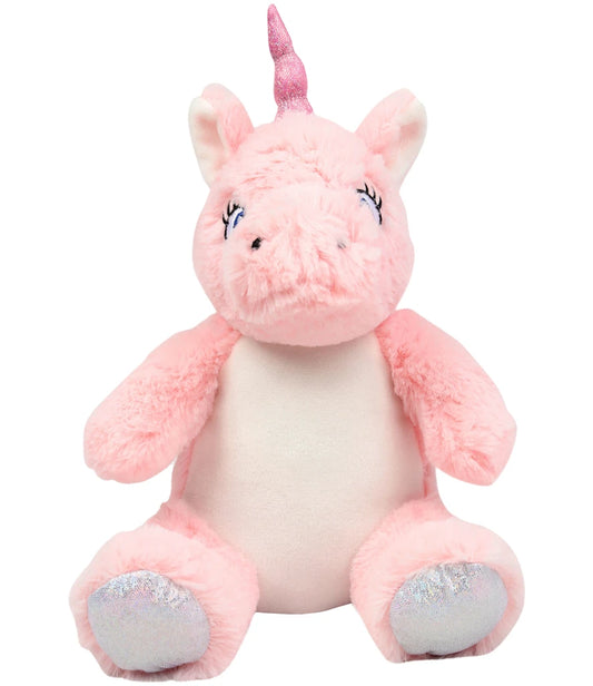 Pink plush toy unicorn with a white belly on a white background