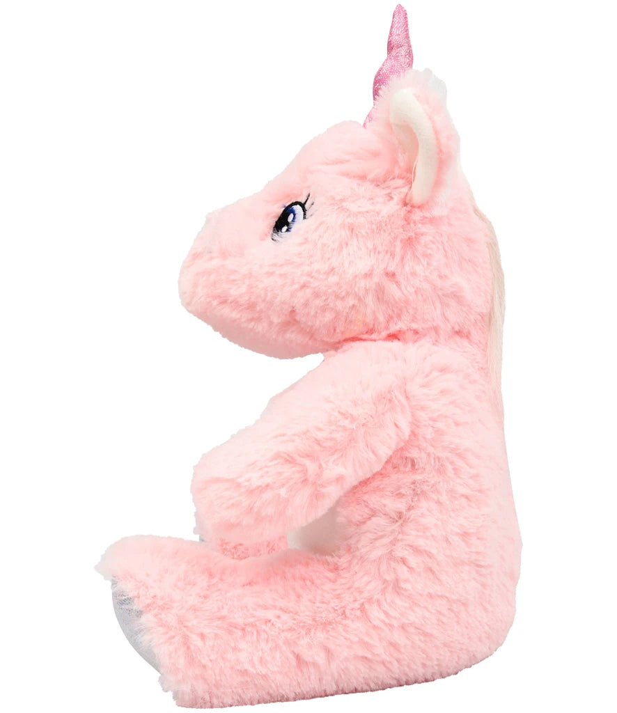 Pink plush unicorn toy on a white background