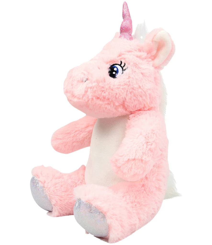 Pink plush unicorn toy on a white background