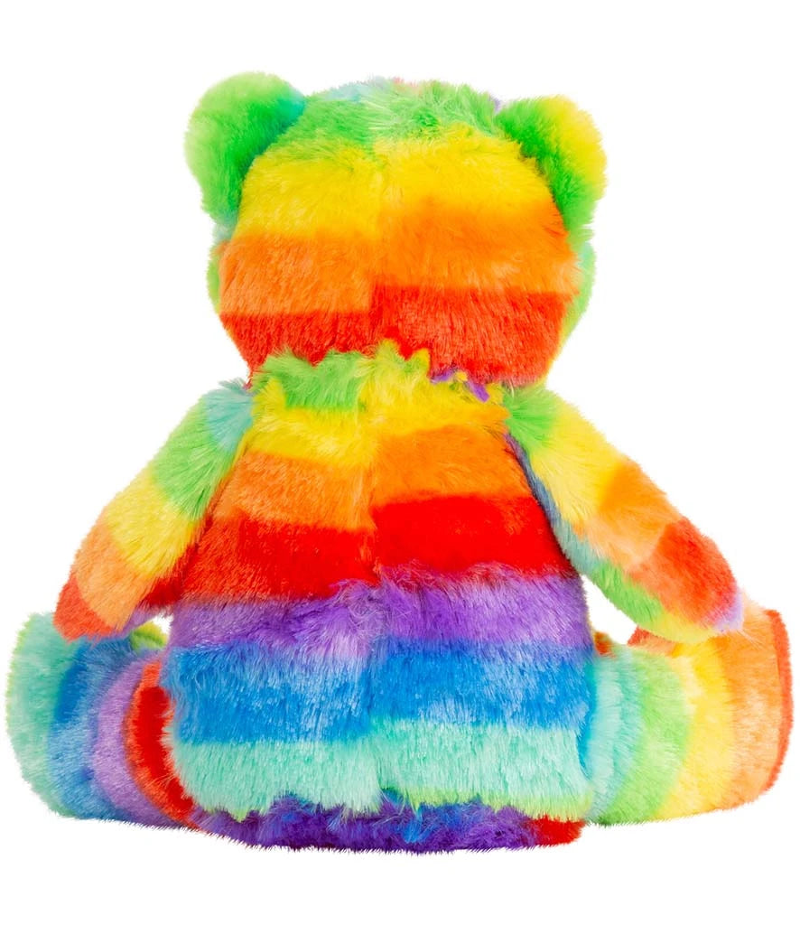 Multicolored striped teddy bear on a white background