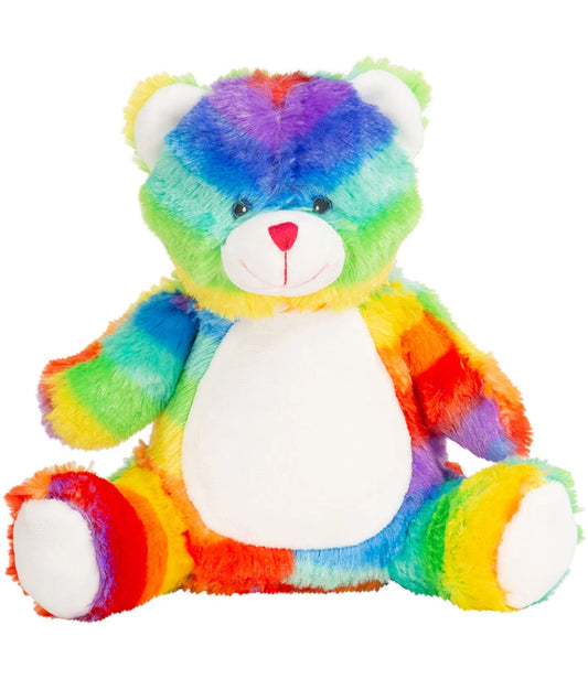 Multicolored teddy bear on a white background