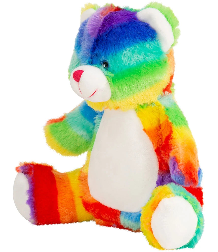 Multicolored plush toy with a white belly on a white background