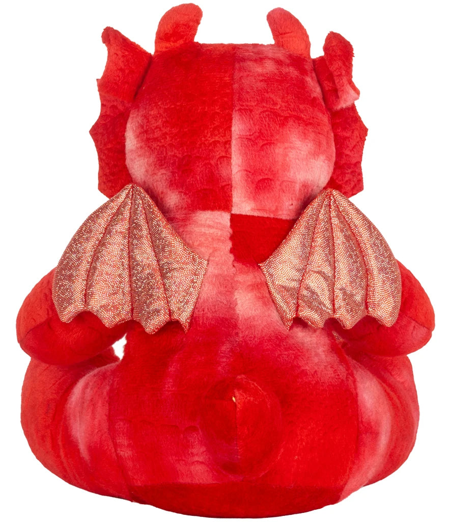 Red plush dragon toy with gold wings on a white background