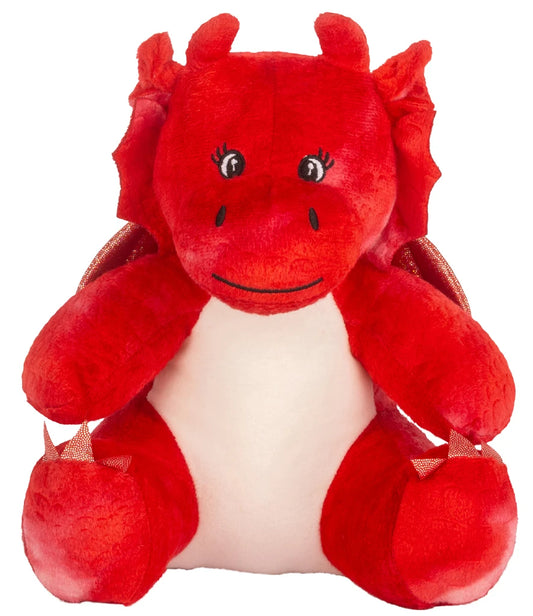 Red plush dragon toy on a white background