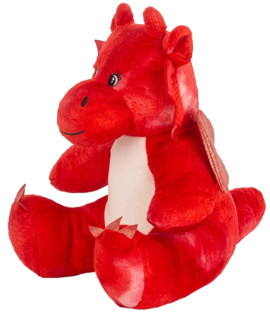 Red plush dragon toy on a white background
