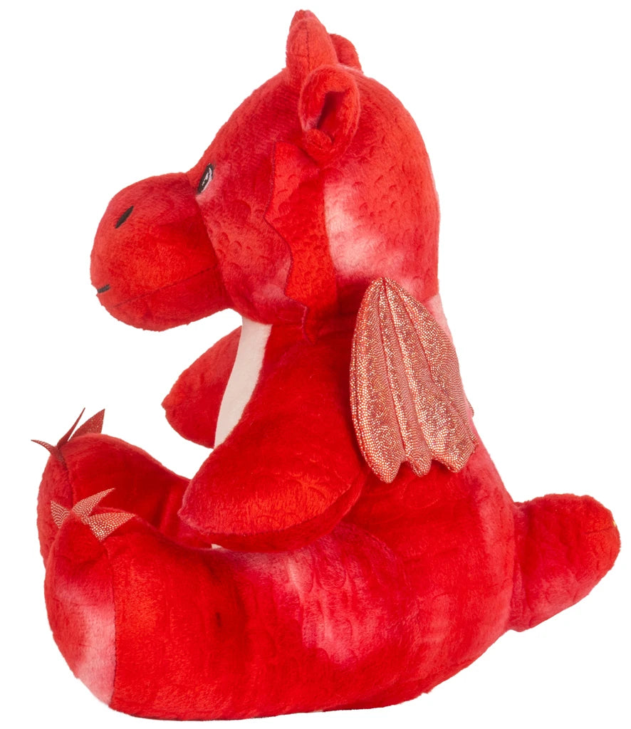 Red plush dragon toy with a white interior on a white background