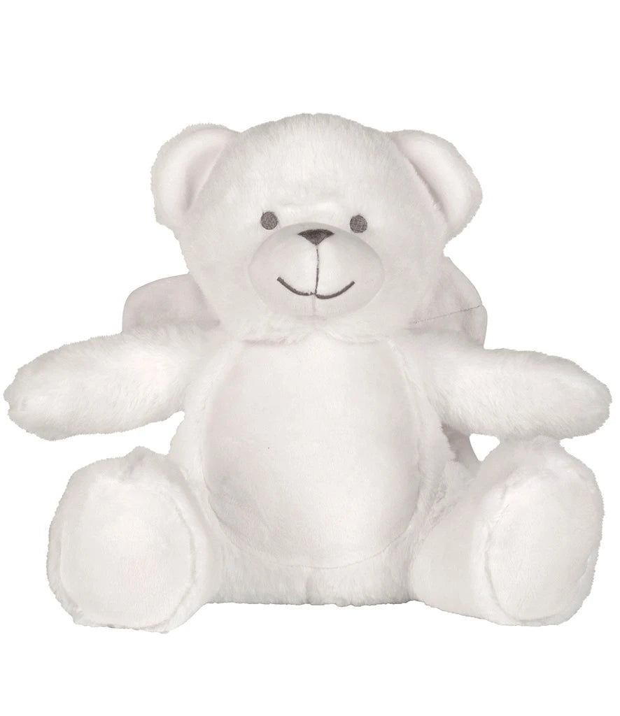 White teddy bear with a smiley face on a white background