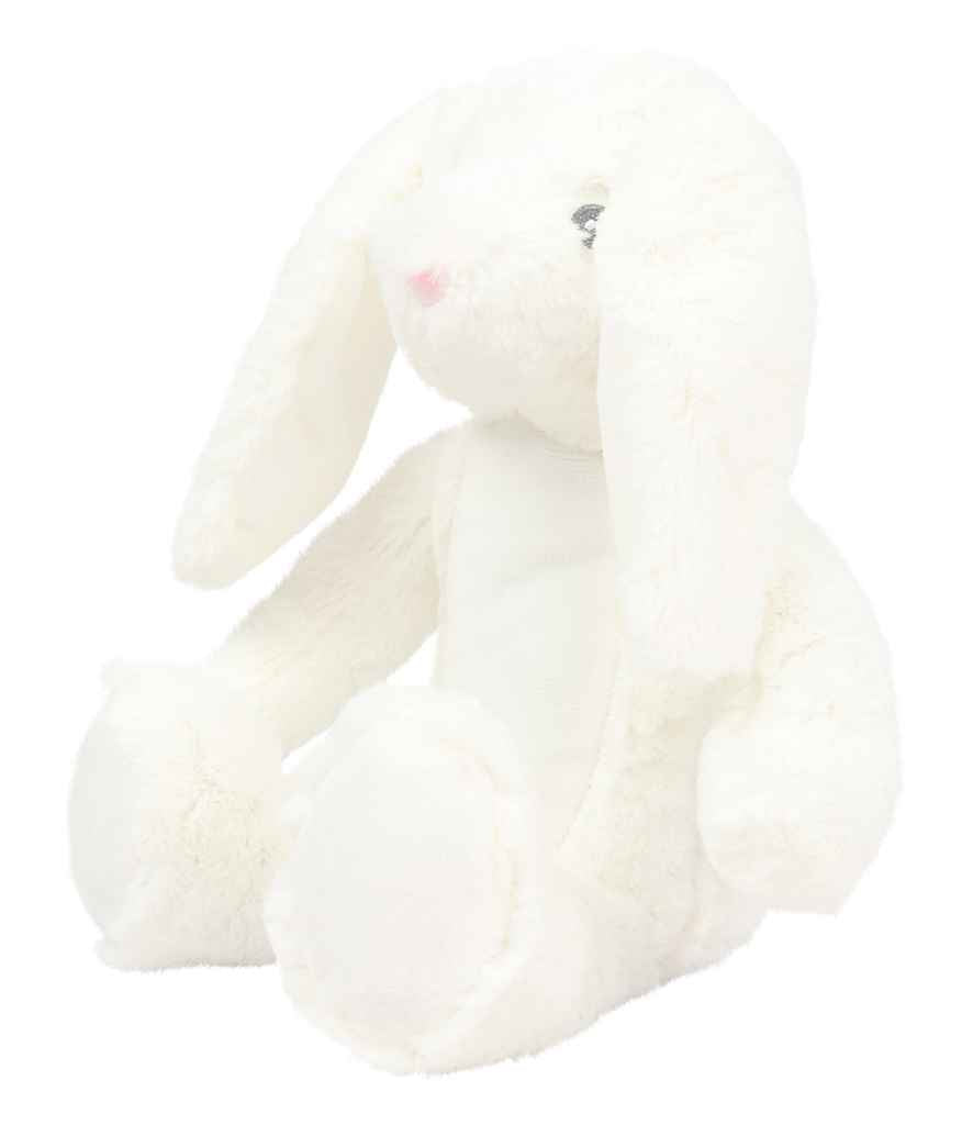 A plush white bunny toy with long floppy ears, a small pink nose, and a tiny black eye, photographed on a plain white background.