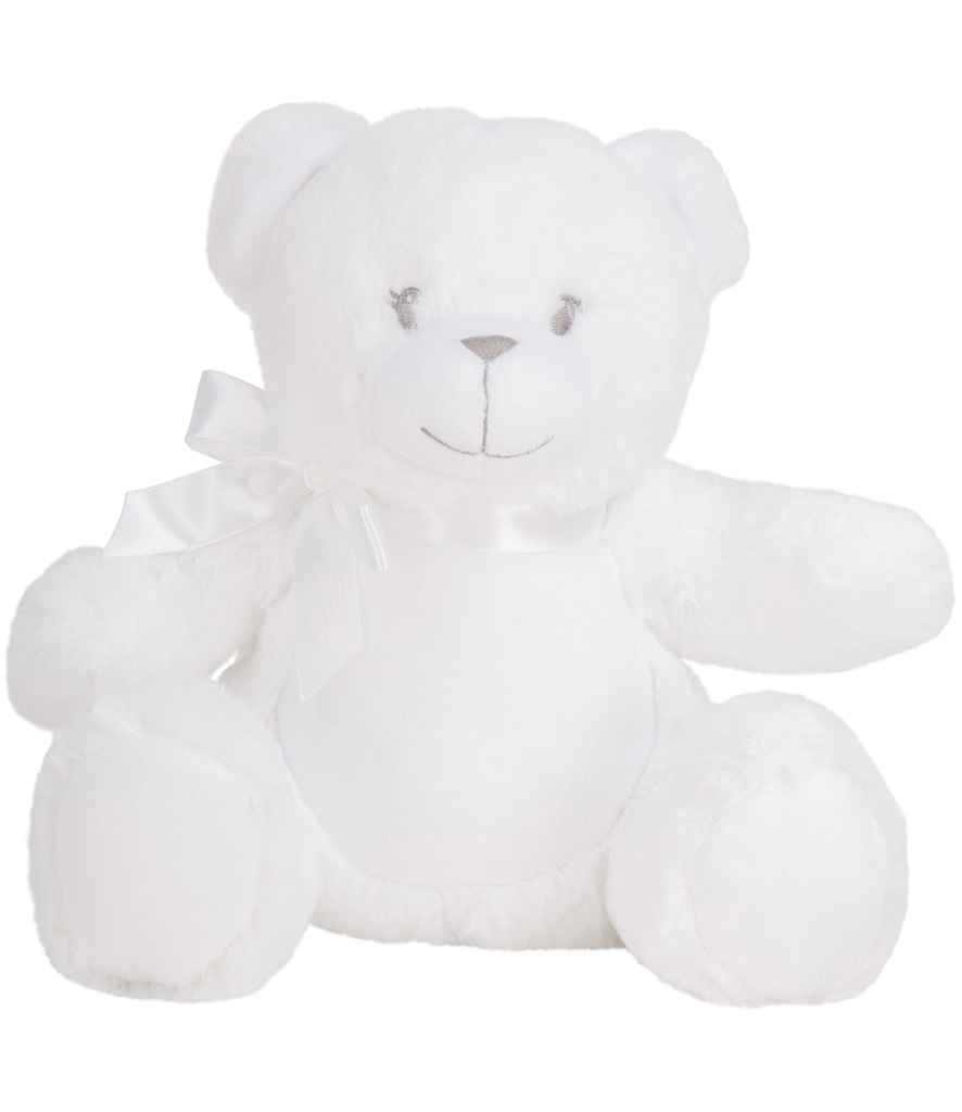 White teddy bear with a bow on a white background