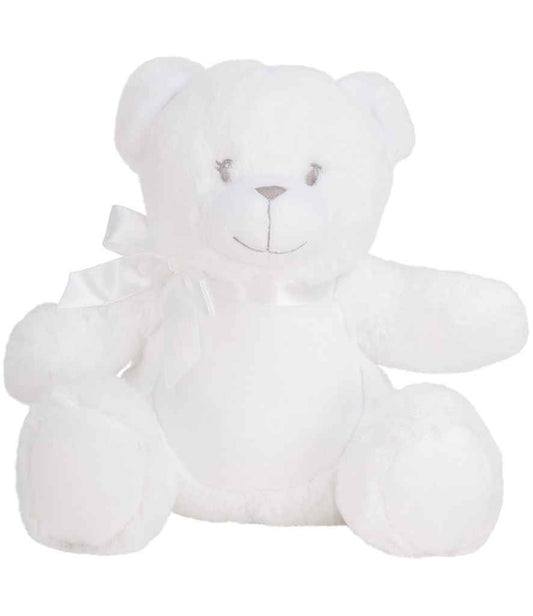 White teddy bear with a bow on a white background