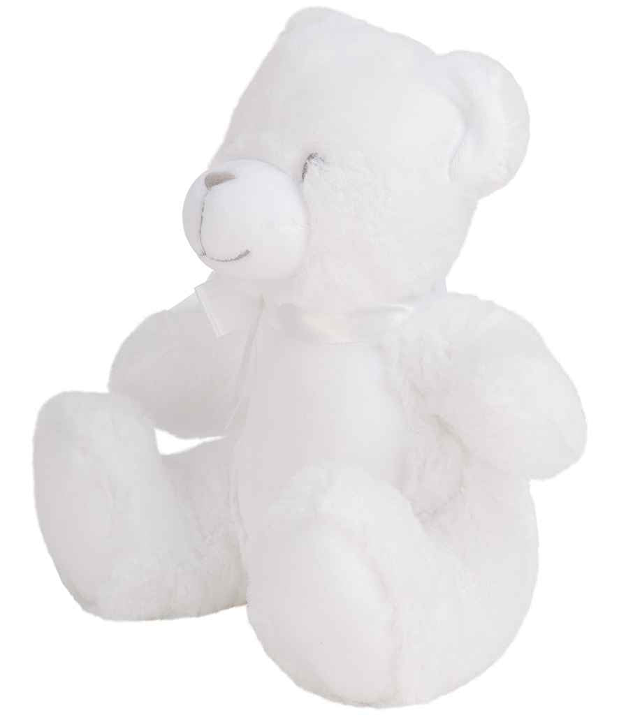 A soft white plush teddy bear sitting on a plain white background.
