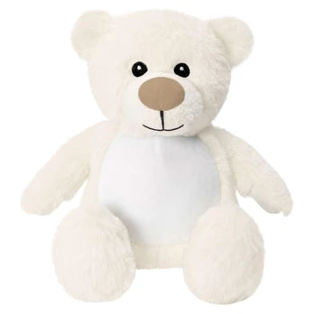 A plush white teddy bear toy with a white belly, black eyes, and a brown stitched nose on a plain white background.
