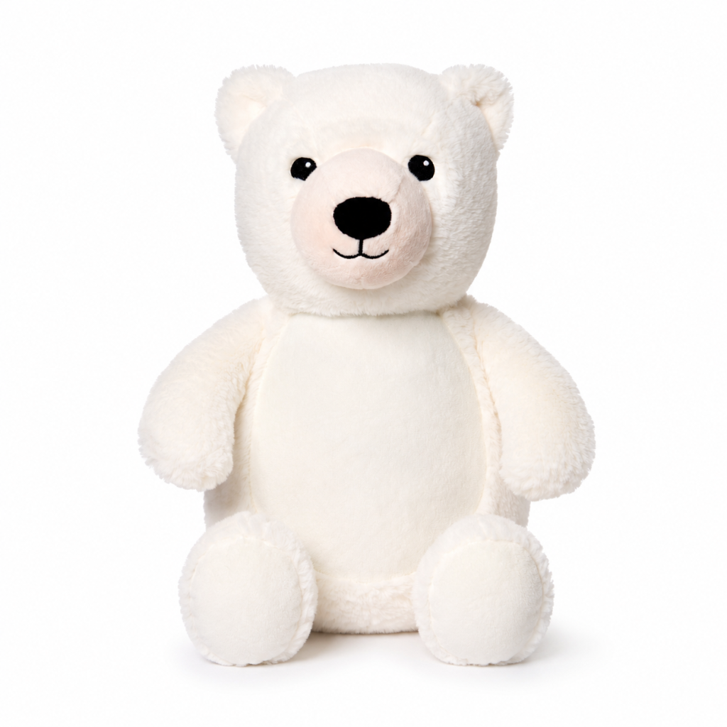 A plush white polar bear toy with black embroidered eyes and nose, sitting against a plain white background.