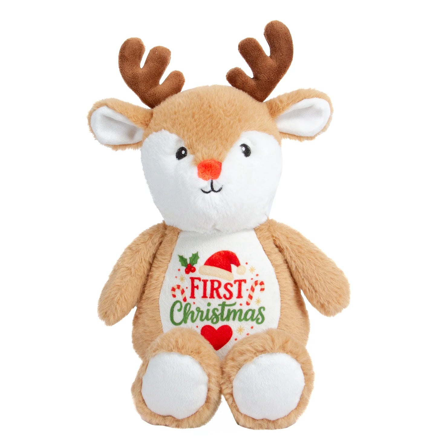 A plush toy reindeer with brown antlers and a white belly patch that reads 'FIRST Christmas' with red and green holiday graphics, shown on a plain white background.