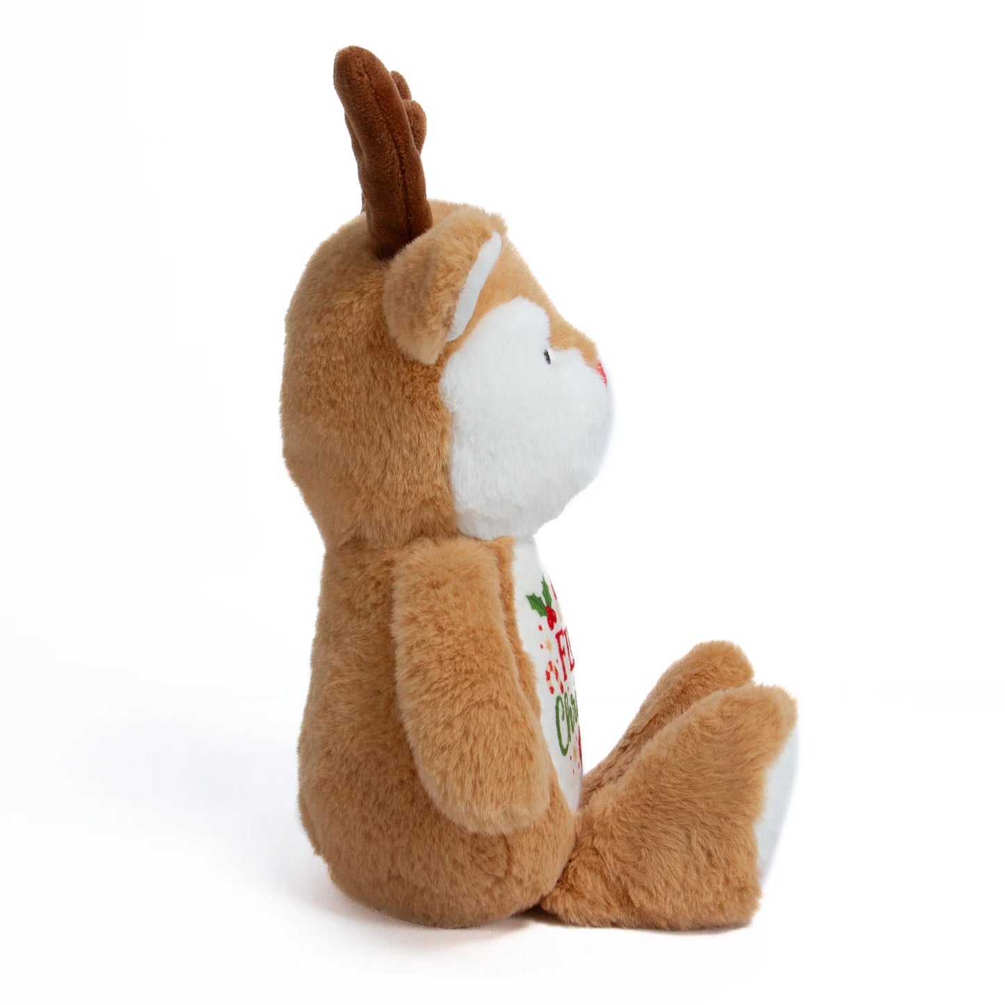 Plush toy deer with a white face and brown body on a white background