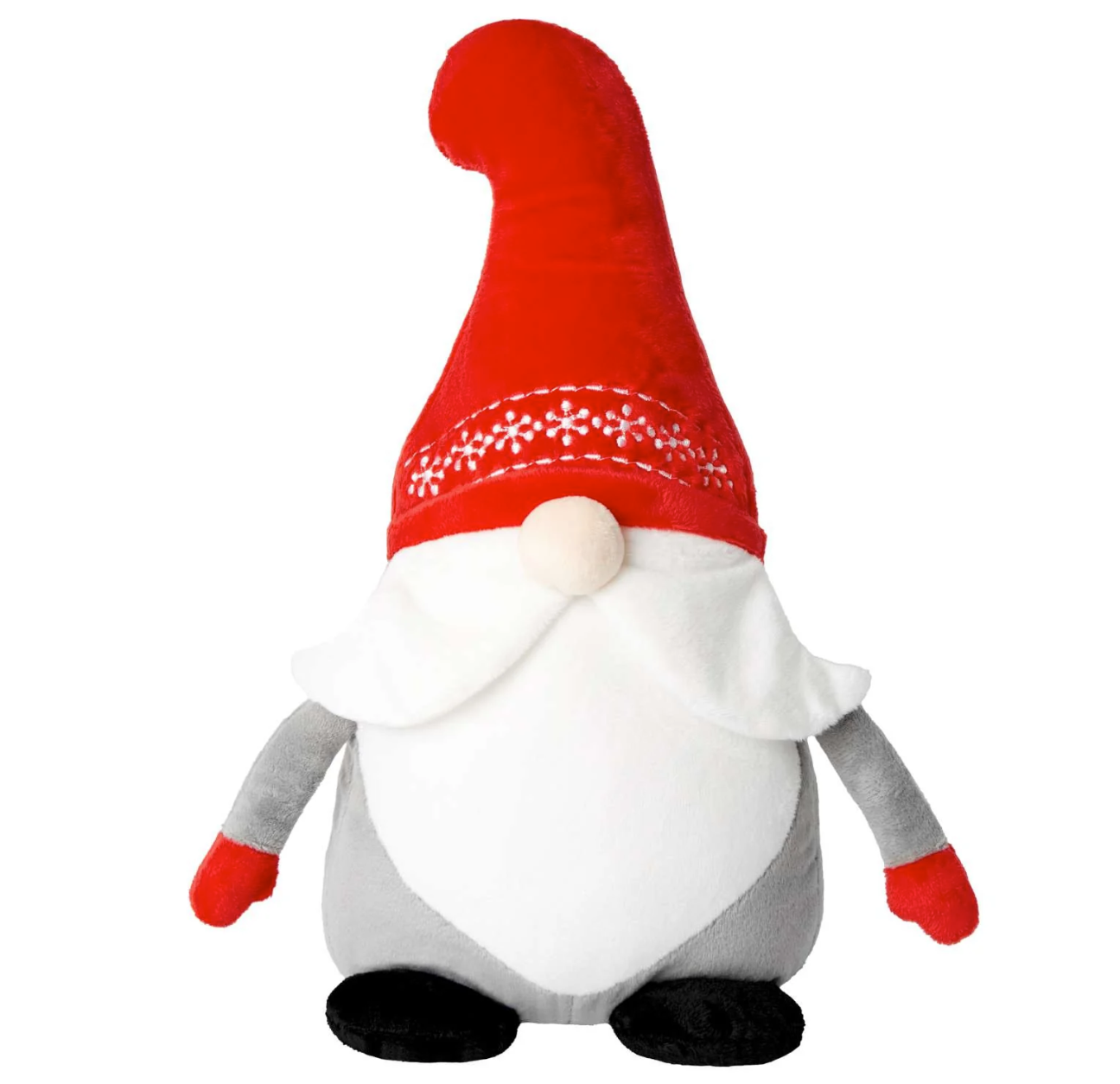 A plush Christmas gnome doll with a tall red hat featuring white embroidered snowflakes, a white beard, gray body, red gloves, and black feet, isolated on a white background.