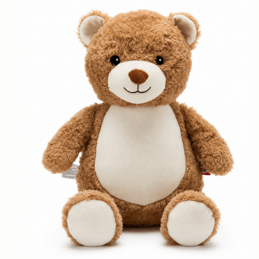 A brown plush teddy bear with a cream-colored snout, belly, and paw pads, sitting against a solid white background.